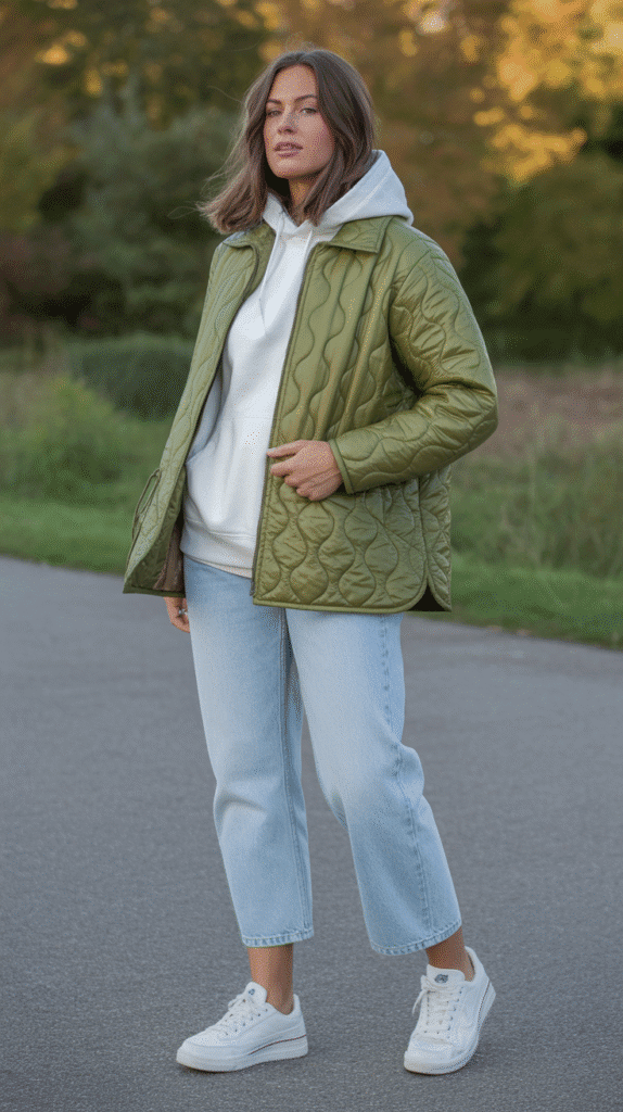 30 Chic Casual Fall Outfits for Women with Jeans 13 Quilted Jacket and Cropped Jeans