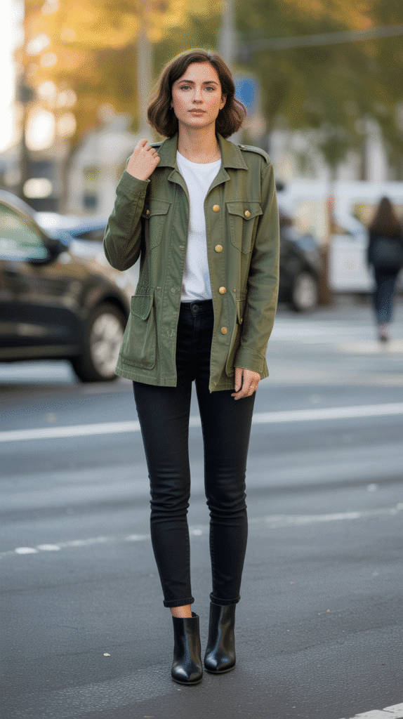 30 Chic Casual Fall Outfits for Women with Jeans 26 Military Jacket and Skinny Jeans