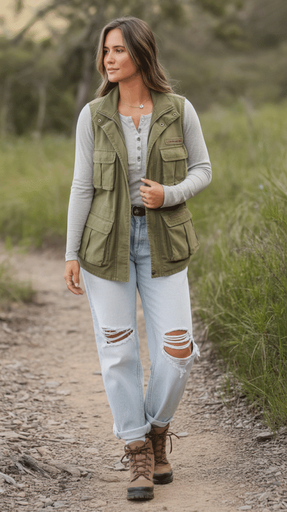 30 Chic Casual Fall Outfits for Women with Jeans 18 Utility Vest and Distressed Jeans