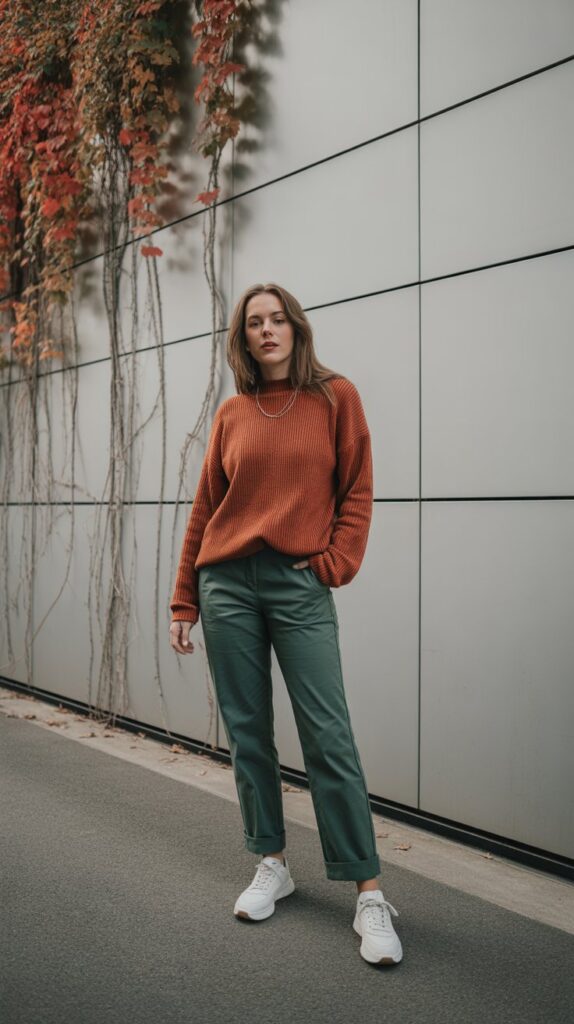 28 Sporty and Stylish Casual Fall Outfits for Women with Sneakers 21 Color Blocking with Monochrome Sneakers