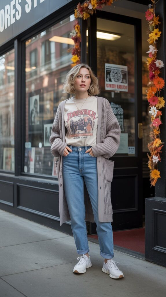 28 Sporty and Stylish Casual Fall Outfits for Women with Sneakers 17 Graphic Tee Layered Under Everything