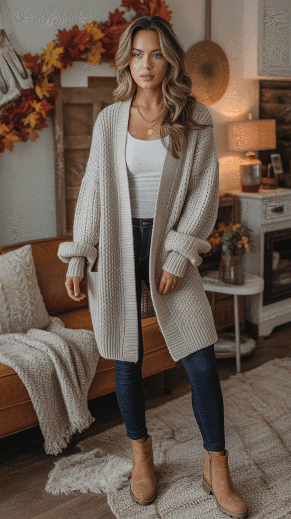 30 Chic Casual Fall Outfits for Women with Jeans 7 Chunky Cardigan with Skinny Jeans