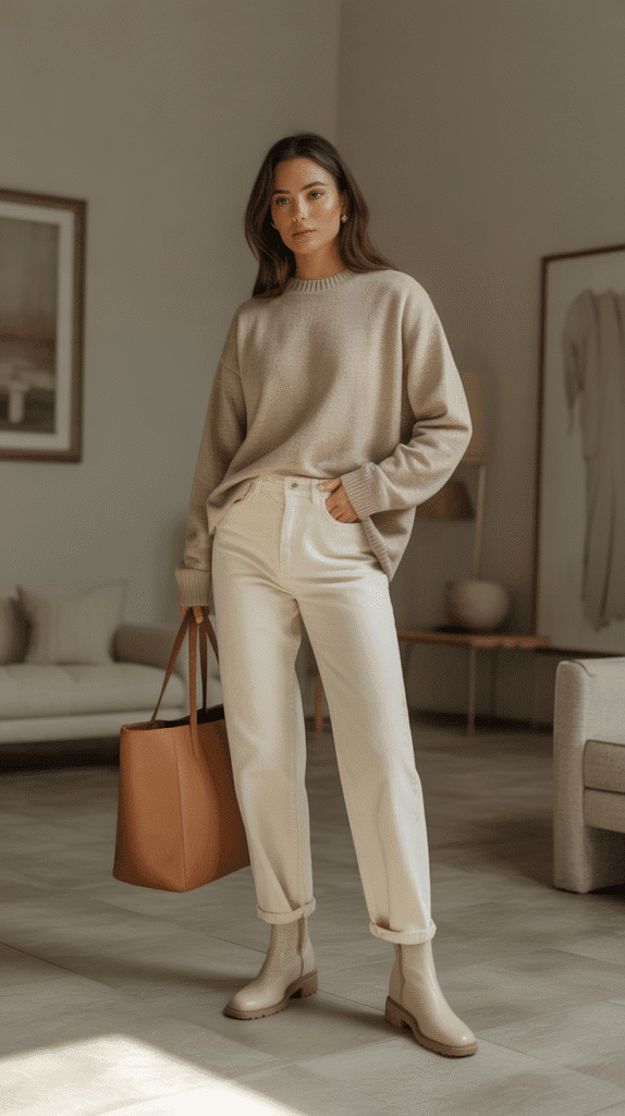 30 Chic Casual Fall Outfits for Women with Jeans 30 Monochrome Neutral Outfit with Jeans