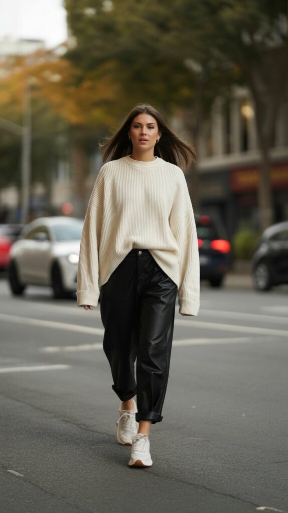 28 Sporty and Stylish Casual Fall Outfits for Women with Sneakers 9 Leather Pants and Sneakers Contrast