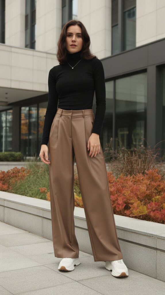 28 Sporty and Stylish Casual Fall Outfits for Women with Sneakers 12 Turtleneck and Wide-Leg Trousers