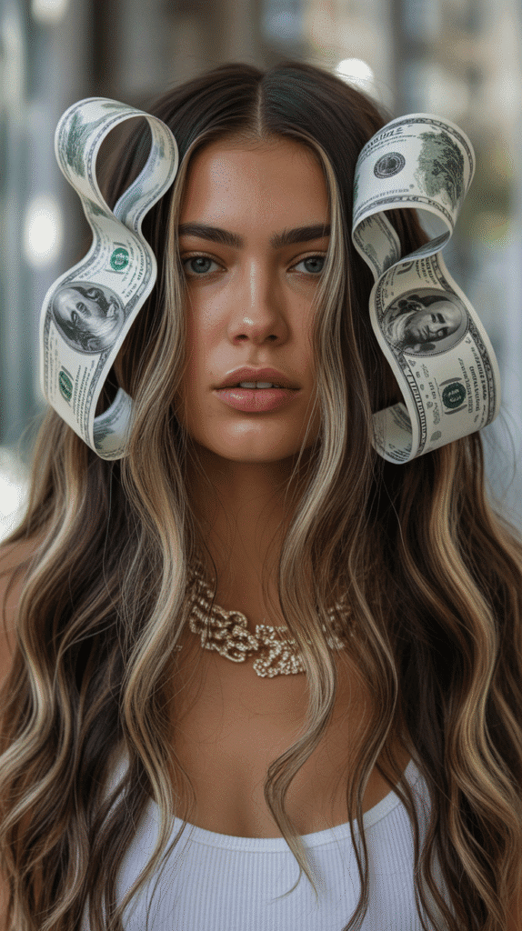 30 Chic Brunette with Highlights and a Money Piece Styles 29 Brunette with Ribbons of Blonde and Statement Money Piece