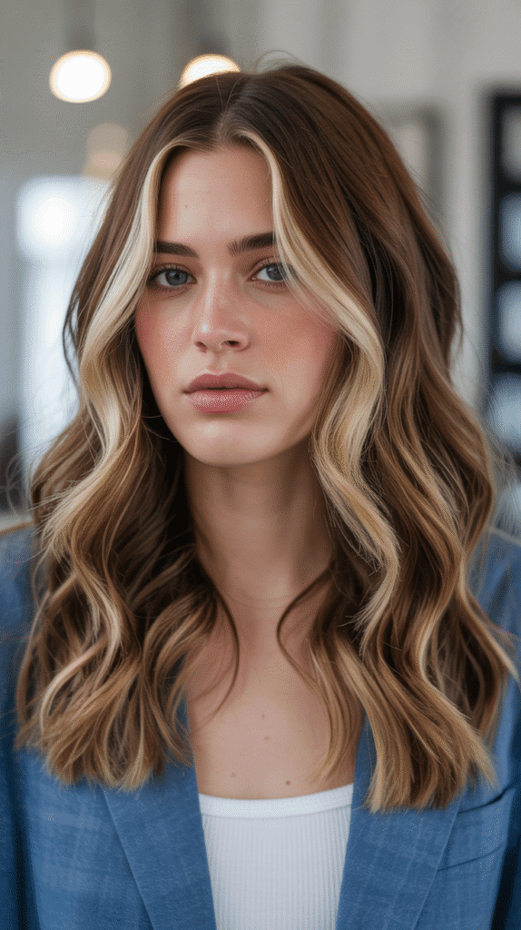 30 Chic Brunette with Highlights and a Money Piece Styles 26 Chestnut Brown with Blonde Balayage Ends and Money Piece