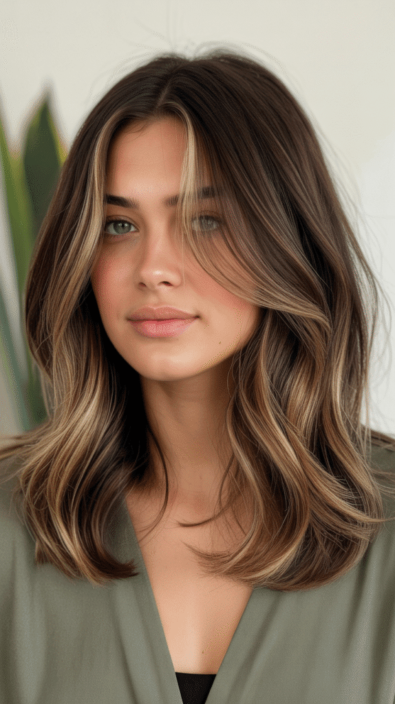 30 Chic Brunette with Highlights and a Money Piece Styles 24 Cocoa Brown with Bronde Highlights and Seamless Money Piece