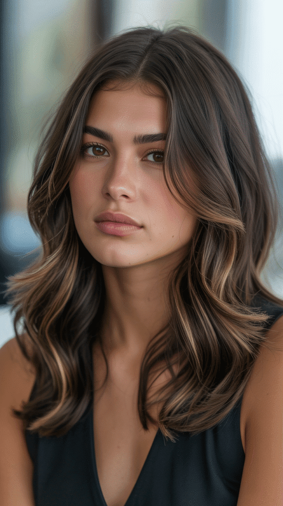 30 Chic Brunette with Highlights and a Money Piece Styles 9 Dark Brunette with Face-Framing Highlights and Thick Money Piece