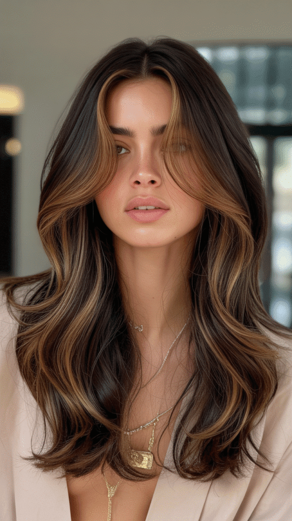 30 Chic Brunette with Highlights and a Money Piece Styles 18 Neutral Brown with Champagne Highlights and Money Piece