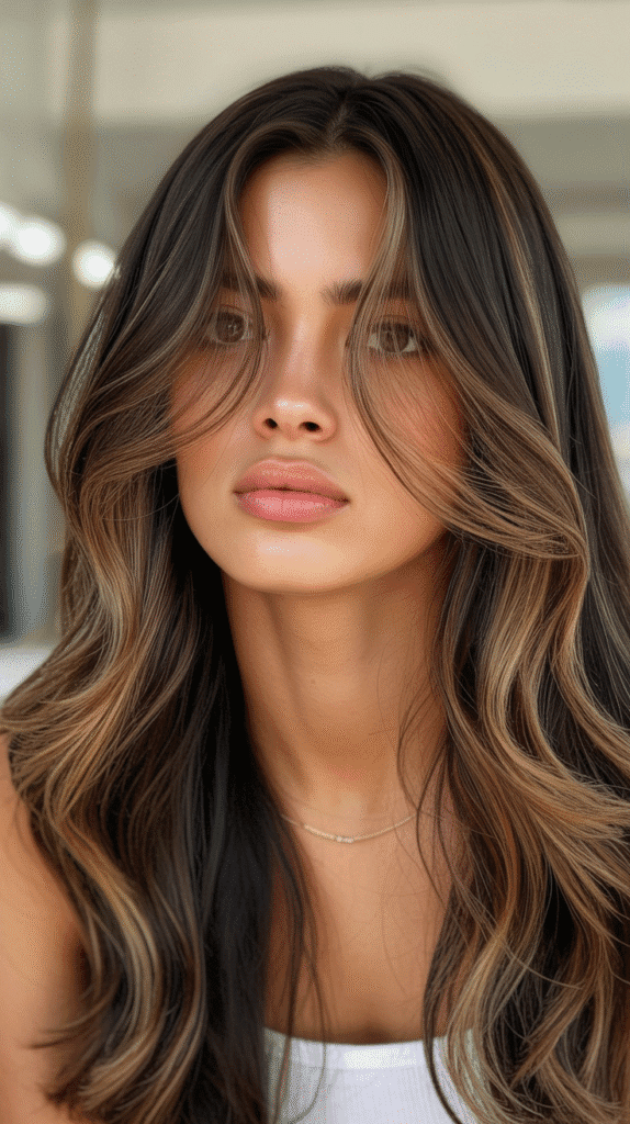 30 Chic Brunette with Highlights and a Money Piece Styles 17 Deep Brown with Tortoiseshell Highlights and Money Piece