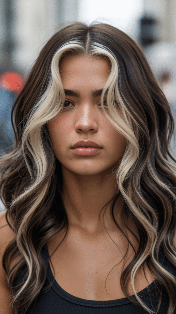 30 Chic Brunette with Highlights and a Money Piece Styles 3 Bold Platinum Money Piece with Chocolate Lowlights