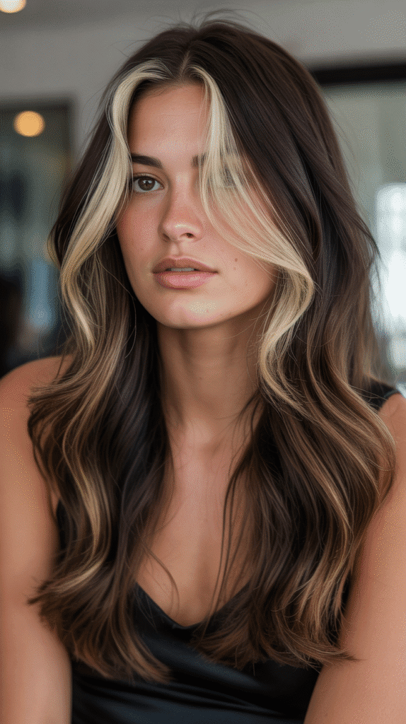 30 Chic Brunette with Highlights and a Money Piece Styles 28 Espresso Brown with Face-Framing Balayage and Bright Money Piece