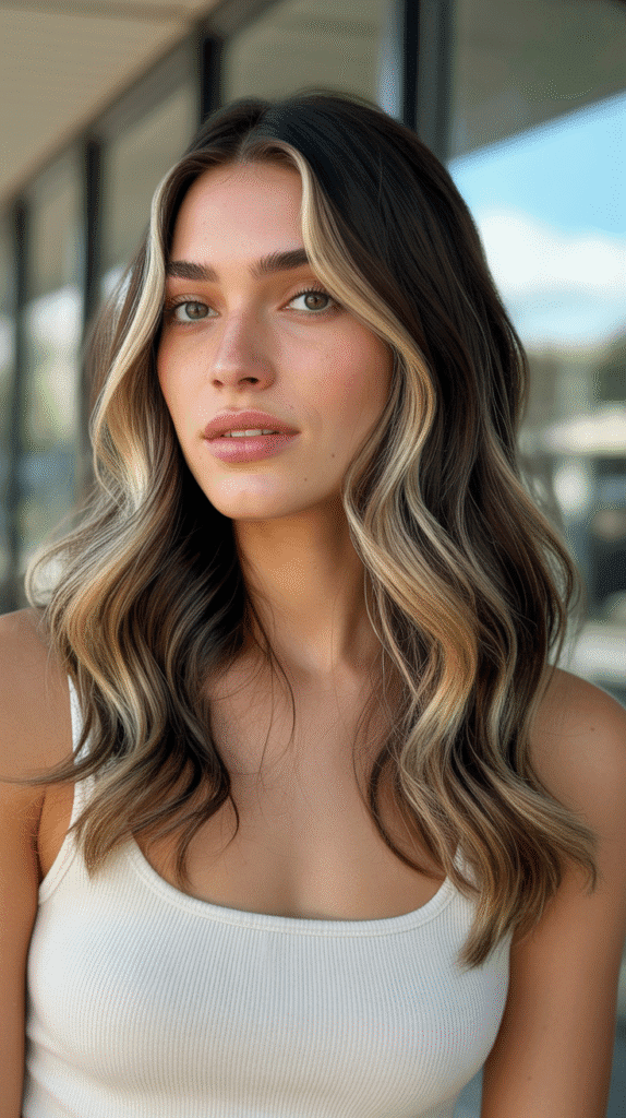 30 Chic Brunette with Highlights and a Money Piece Styles 7 Espresso Base with Caramel Balayage and Bright Money Piece