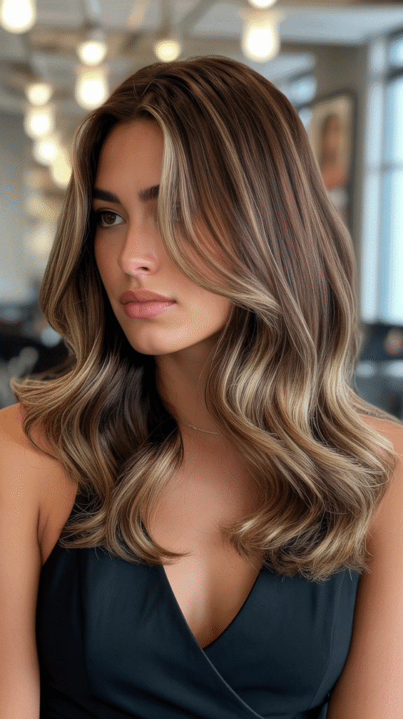 30 Chic Brunette with Highlights and a Money Piece Styles 27 Medium Brown with Multidimensional Highlights and Thick Money Piece