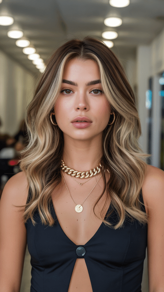 30 Chic Brunette with Highlights and a Money Piece Styles 13 Mocha Brown with Blonde Balayage and Chunky Money Piece