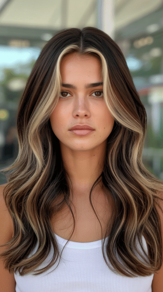 30 Chic Brunette with Highlights and a Money Piece Styles 1 Classic Caramel Highlights with Blonde Money Piece