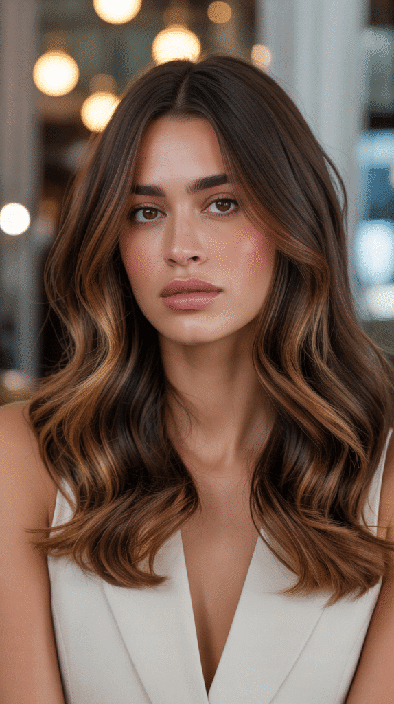 30 Chic Brunette with Highlights and a Money Piece Styles 20 Mahogany Brown with Caramel Money Piece and Lowlights