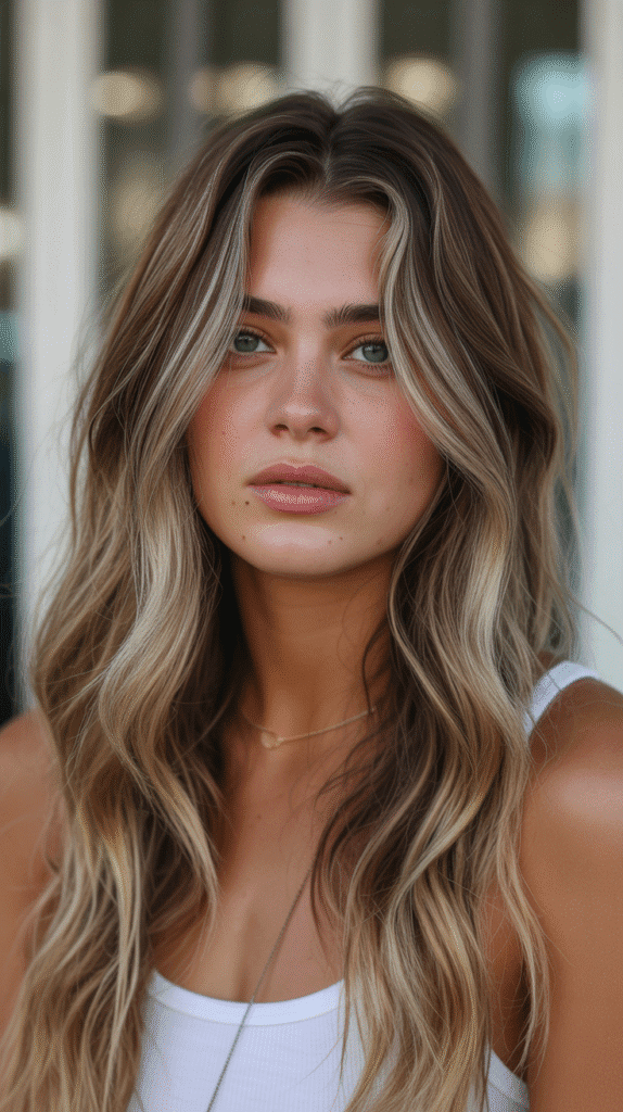 30 Chic Brunette with Highlights and a Money Piece Styles 16 Sandy Brown with Blonde Highlights and Bright Money Piece