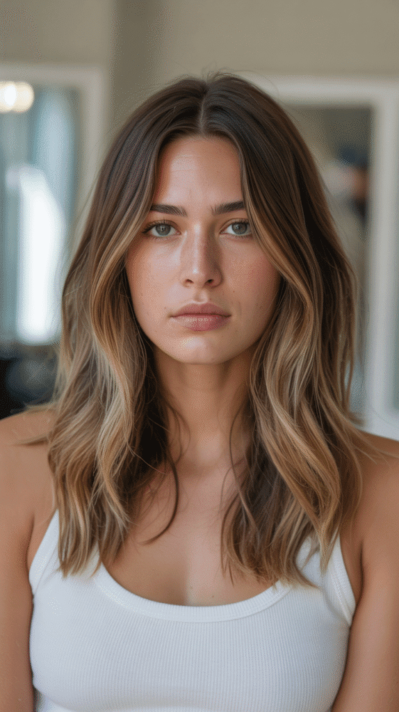 30 Chic Brunette with Highlights and a Money Piece Styles 21 Soft Brown with Lived-In Balayage and Grown-Out Money Piece