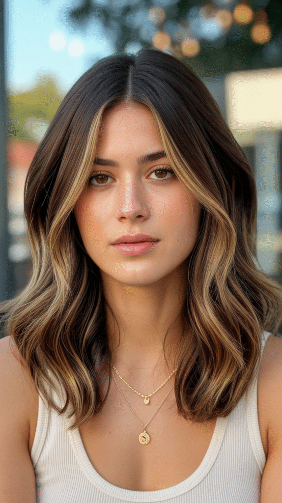 30 Chic Brunette with Highlights and a Money Piece Styles 14 Walnut Brown with Honey Balayage and Face-Framing Money Piece