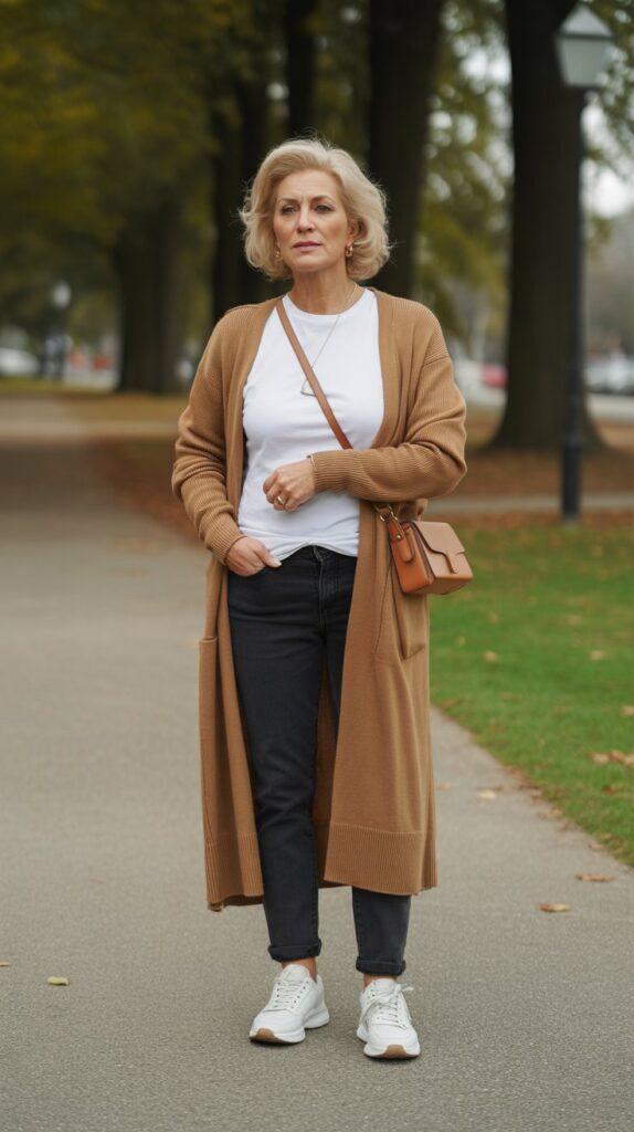 33 Classy Casual Fall Outfits for Women Over 50 4 Longline Cardigan Over Simple Separates