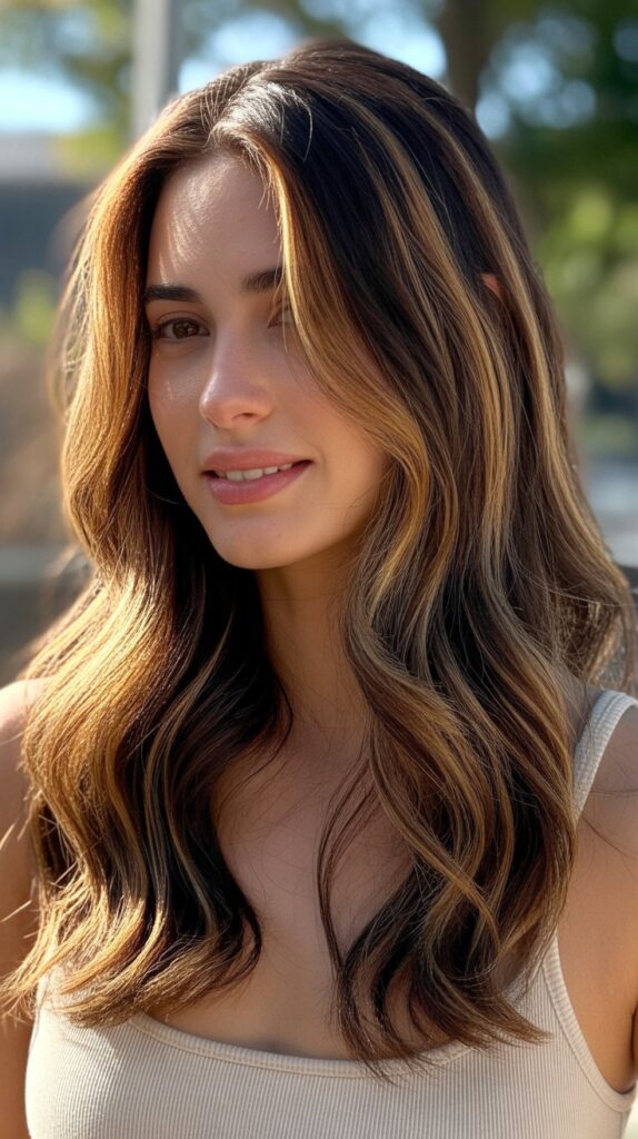 27 Stunning Brunette with Highlights and Lowlights Ideas 13 Golden Highlights with Dark Brown Lowlights