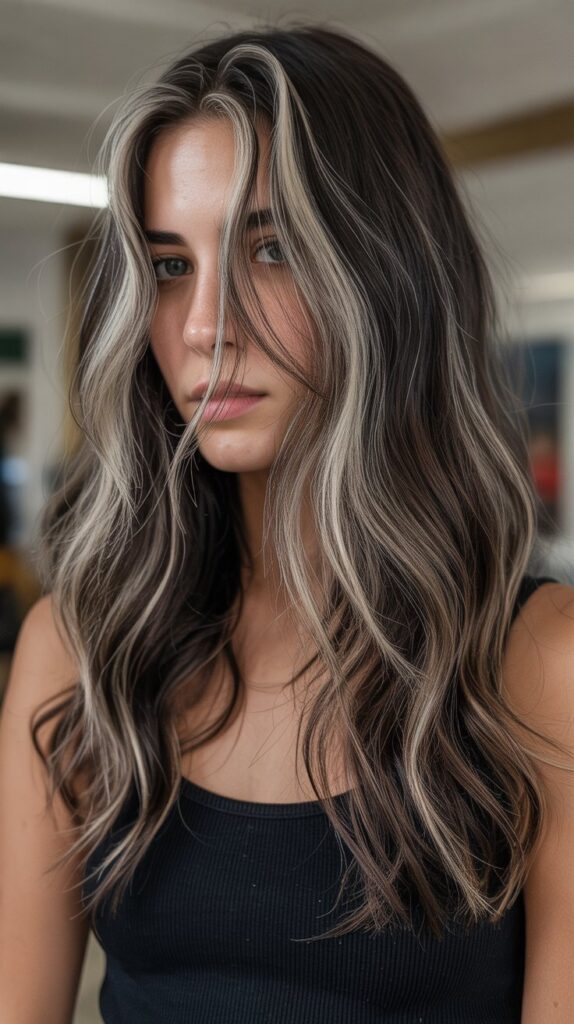 27 Stunning Brunette with Highlights and Lowlights Ideas 17 Ribbons of Blonde Through Dark Hair