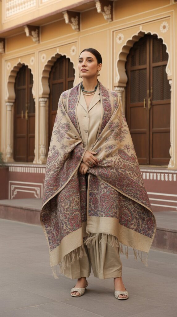 22 Gorgeous Indian Winter Outfits for Women You'll Love 13 Jamawar Shawl with Suit