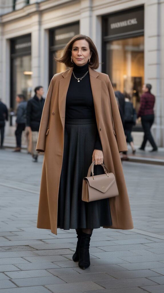 30 Fabulous Winter Outfits for Women Over 50 That Radiate Confidence 23 Longline Coat with Midi Skirt