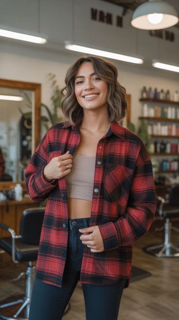 27 Stylish Hairstylist Outfits for Work in Winter 13 Oversized Flannel with Skinny Jeans