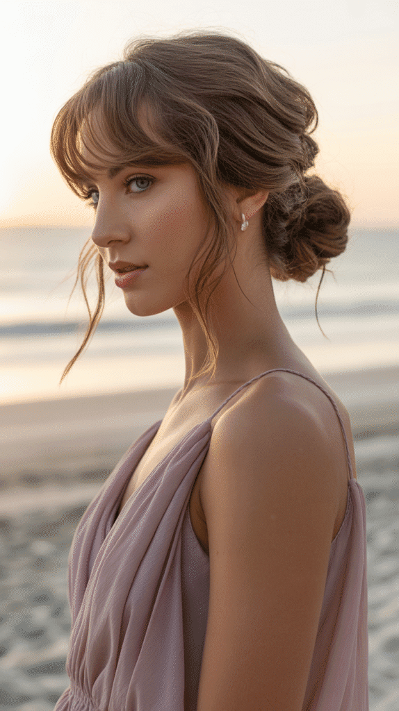 30+ Classy Bridesmaid Updo Hairstyles with Bangs 16 Messy Side Bun with Wispy Bangs