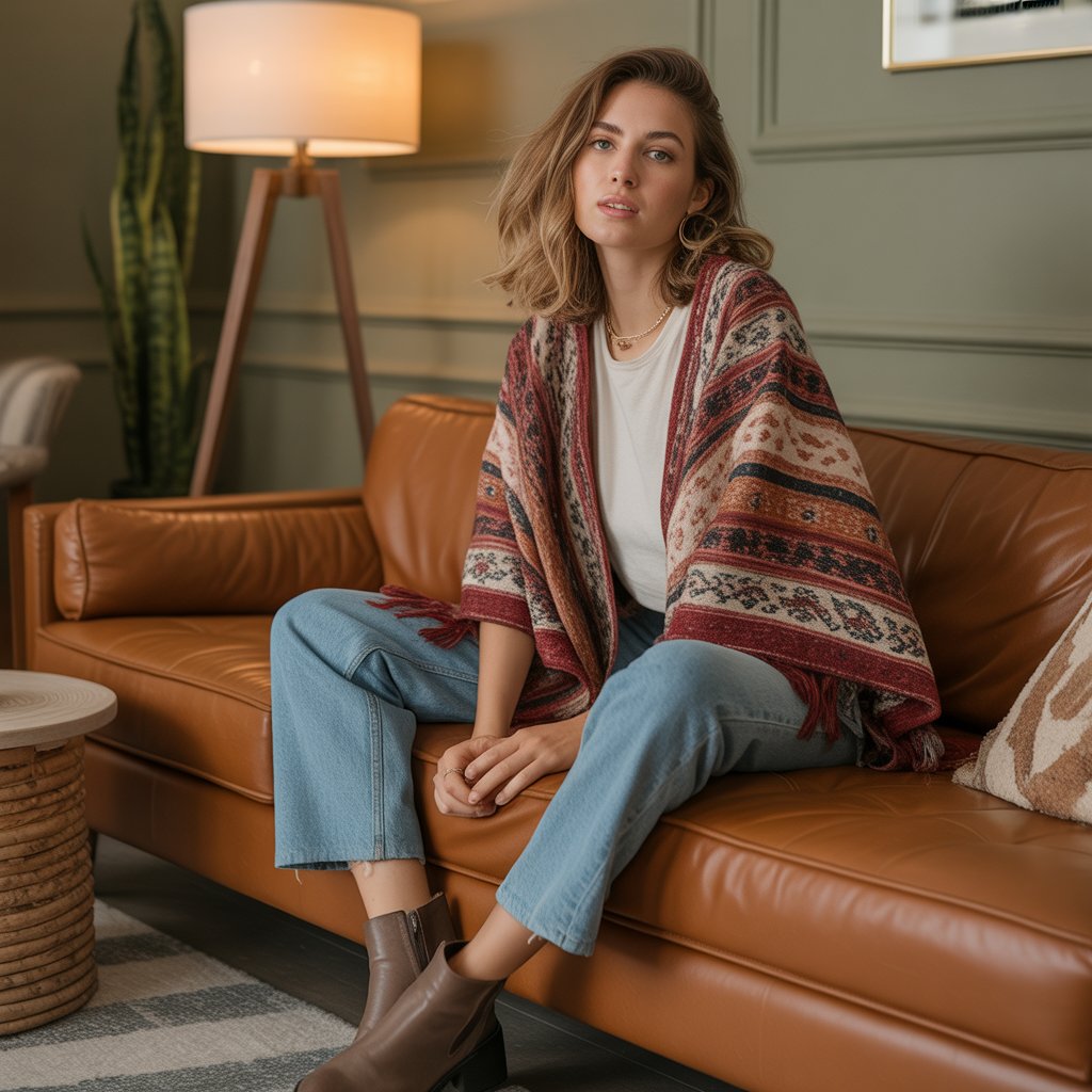 40 Winter Outfit Ideas for Women to Stay Warm and Stylish 27 Poncho Over Jeans and Boots