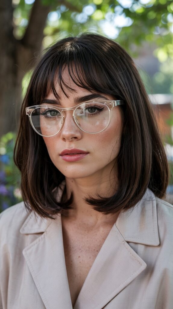 30 Stunning Long Bob with Layers and Curtain Bangs 9 Long Bob with Face-Framing Layers and Bardot Curtain Bangs