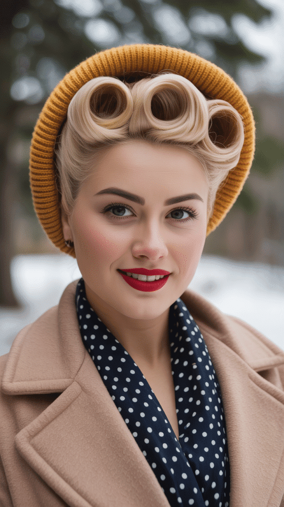 33 Cozy Cute Winter Hairstyles with Beanies 18 Vintage Victory Rolls with Beanie