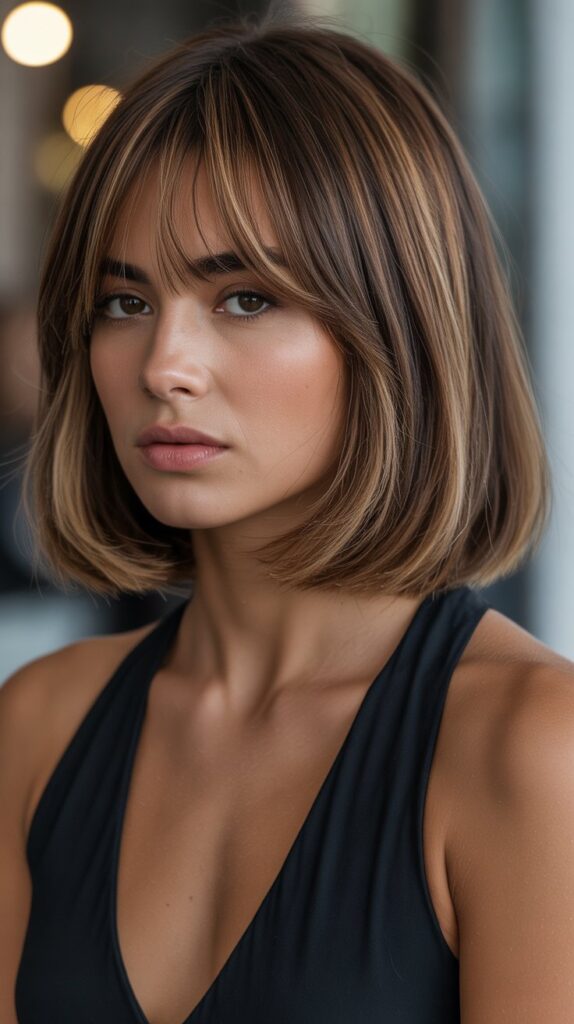 Long Bob with Curtain Bangs and Subtle Lowlights