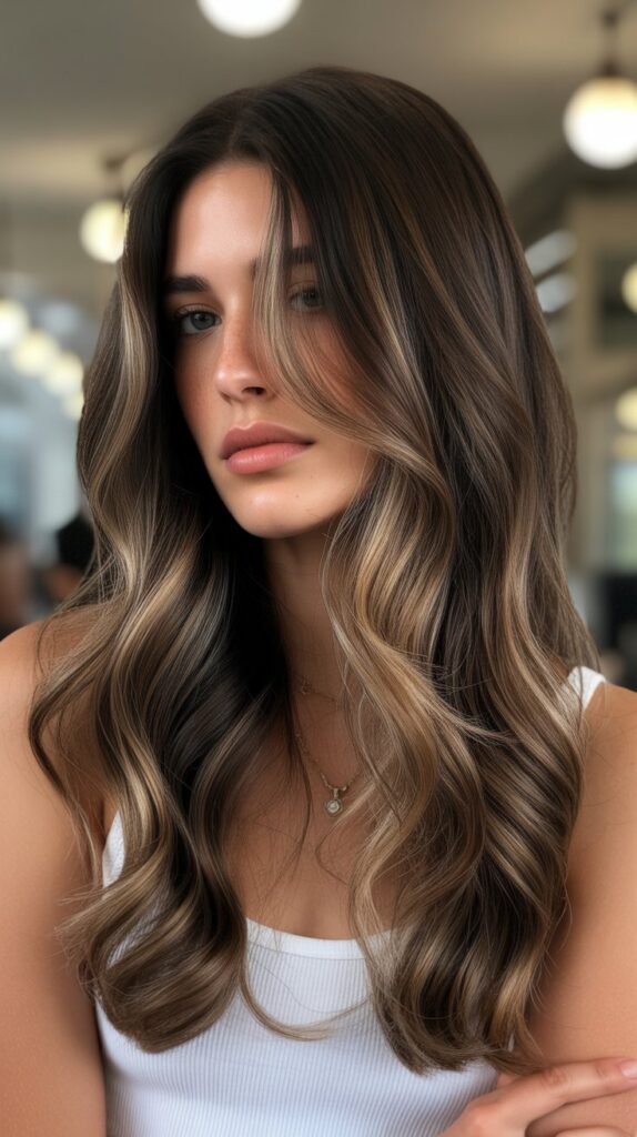 34 Trendy Brunette Balayage Hairstyles with a Money Piece 19 9. Coffee Bean Brown with Salted Caramel Money Piece