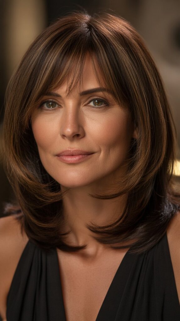 30 Stylish Long Bob with Curtain Bangs for Women Over 40 14 Long Bob with Curtain Bangs and Lowlights