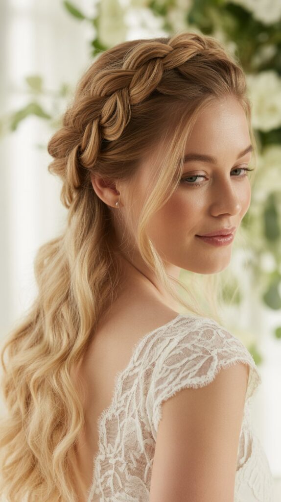 30+ Half-Up, Half-Down Wedding Hairstyles That Will Take Your Wedding Look to the Next Level 14 Dutch Braid Half-Up Crown
