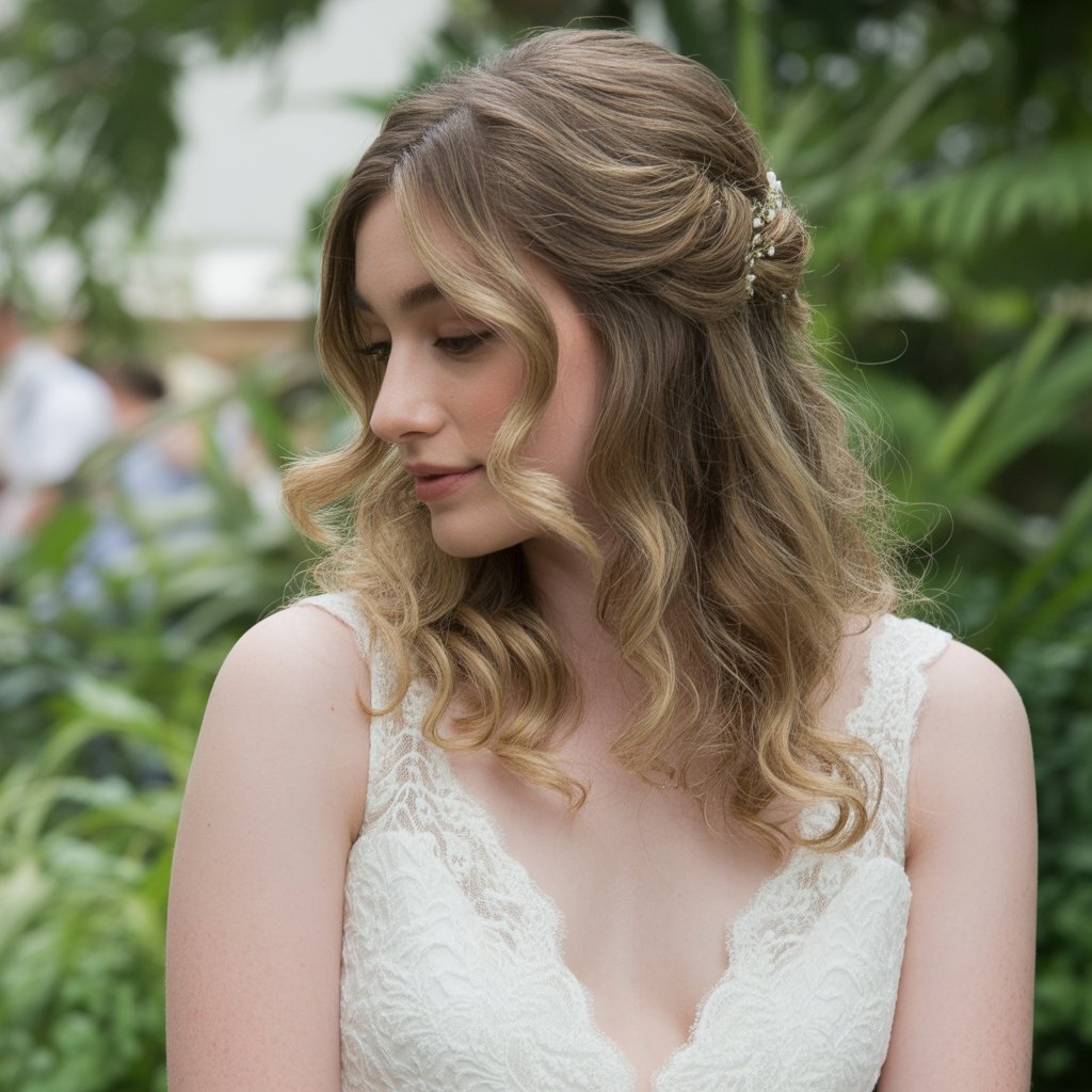 30+ Half-Up, Half-Down Wedding Hairstyles That Will Take Your Wedding Look to the Next Level 33 Soft Romantic Waves Half-Up