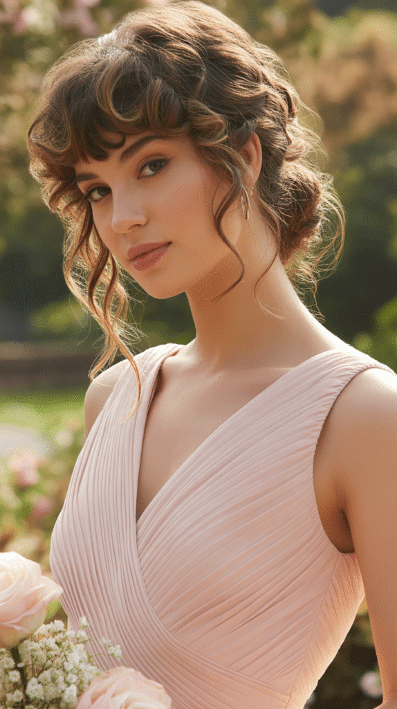 30+ Classy Bridesmaid Updo Hairstyles with Bangs 25 Low Pinned Curls with Wispy Bangs
