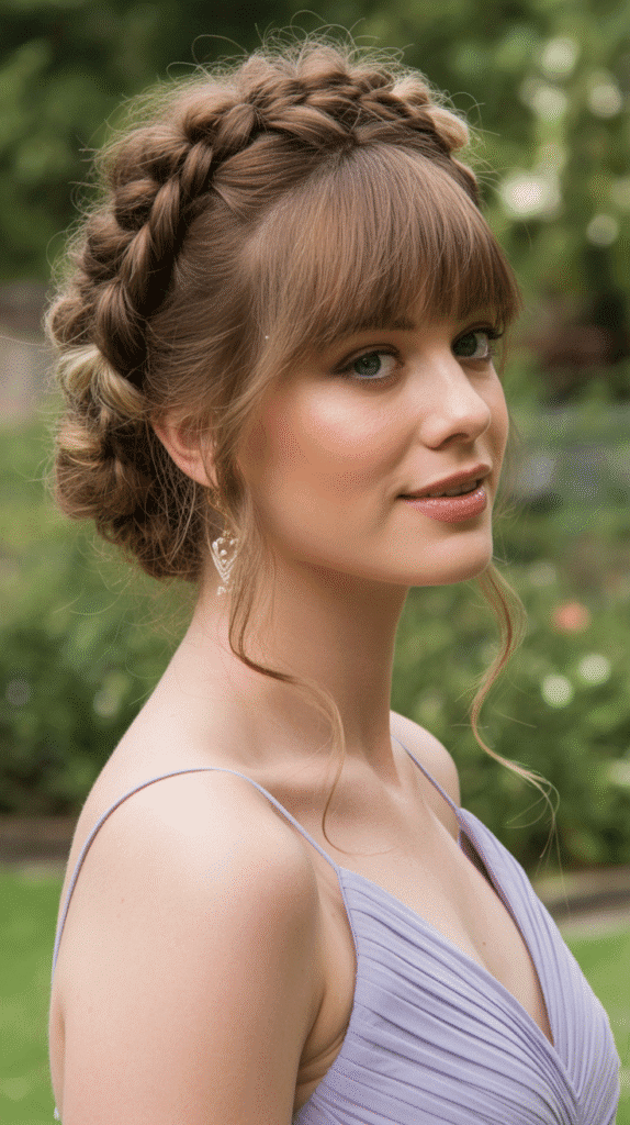 30+ Classy Bridesmaid Updo Hairstyles with Bangs 27 Voluminous Braided Updo with Feathered Bangs
