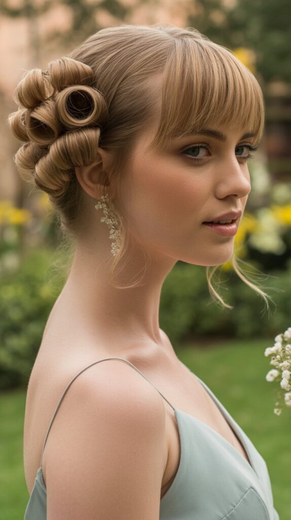 30+ Classy Bridesmaid Updo Hairstyles with Bangs 11 Pinned Curl Cluster with Side Bangs