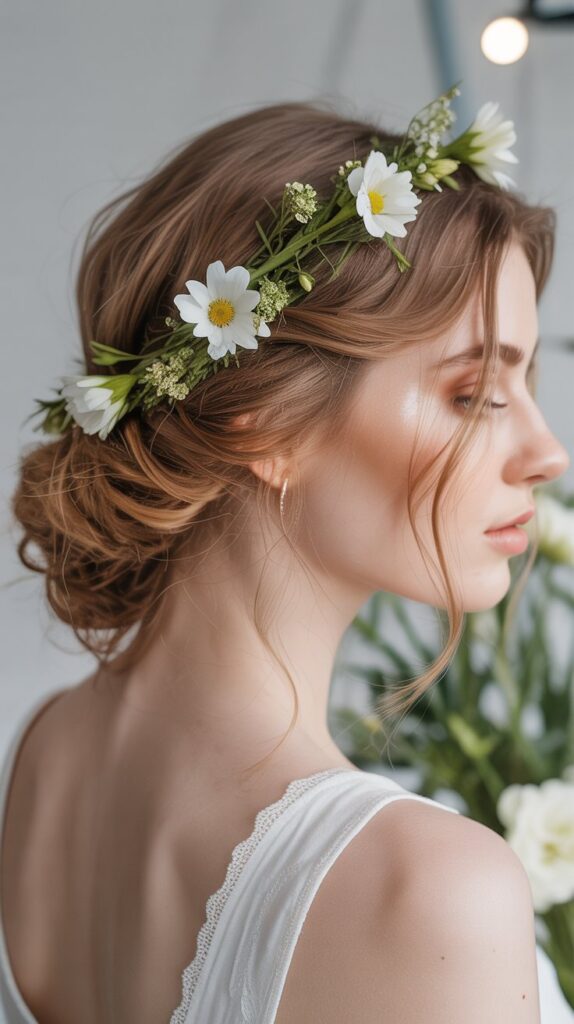 Top 27+ Half-Up Half-Down Prom Hairstyles 12 2. Half-Up with Floral Crown