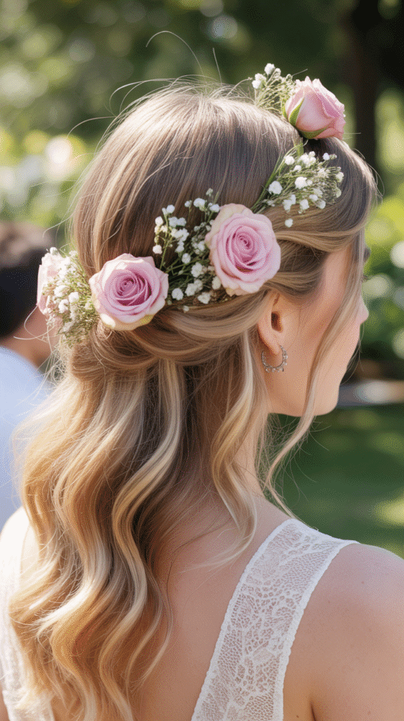 30 Trendy Half-Up Half-Down Hairstyles for HoCo 2025 18 Floral Half-Up Crown