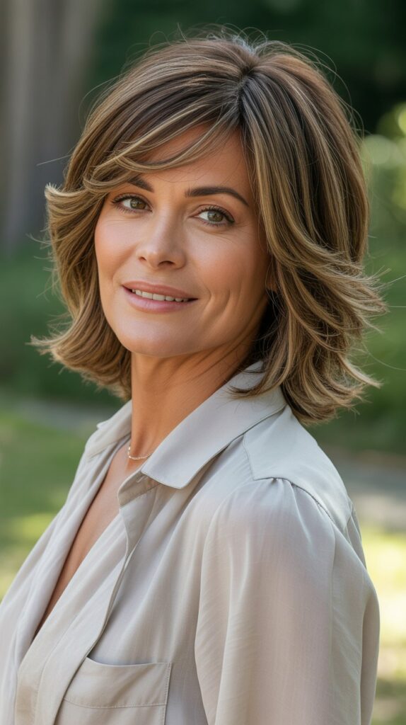 30 Stylish Long Bob with Curtain Bangs for Women Over 40 4 Layered Long Bob with Side-Swept Curtain Bangs