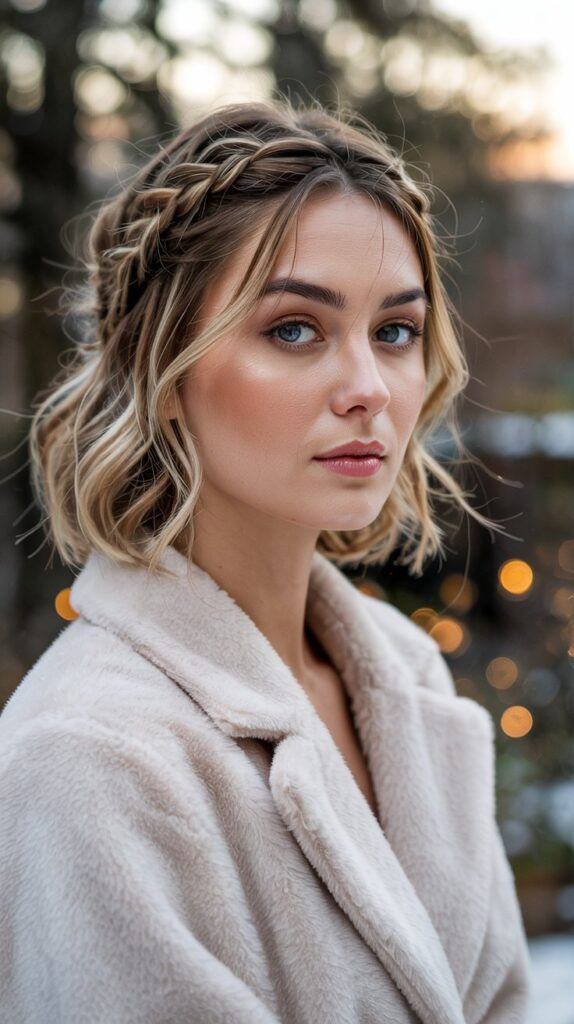 30 Chic Winter Hair Braids for Short Hair 22 Braided Crown with Loose Waves