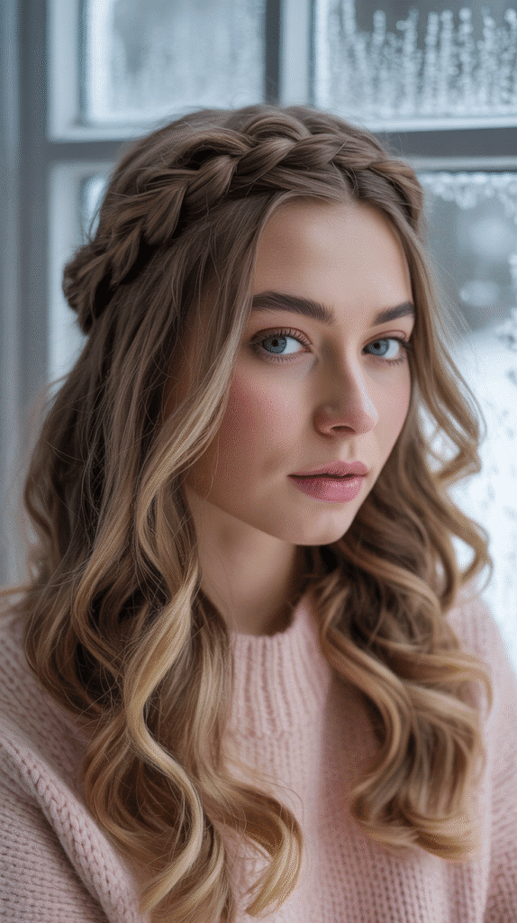 30 Adorable Cute Winter Hairstyles with Braids 24 Braided Half-Crown