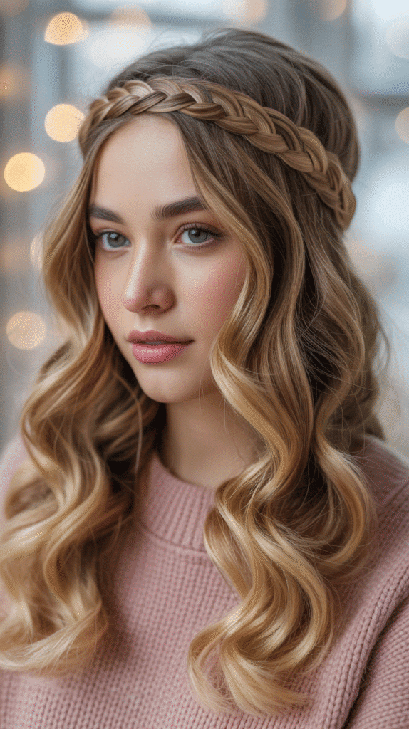 30 Adorable Cute Winter Hairstyles with Braids 8 Braided Headband with Loose Curls