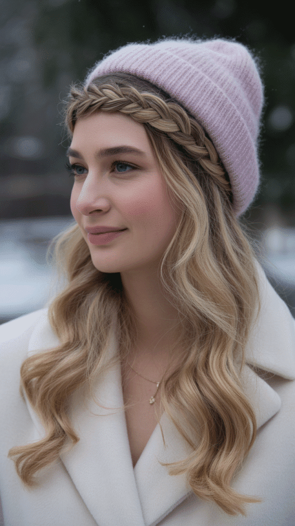 33 Cozy Cute Winter Hairstyles with Beanies 14 French Braid Crown with Beanie